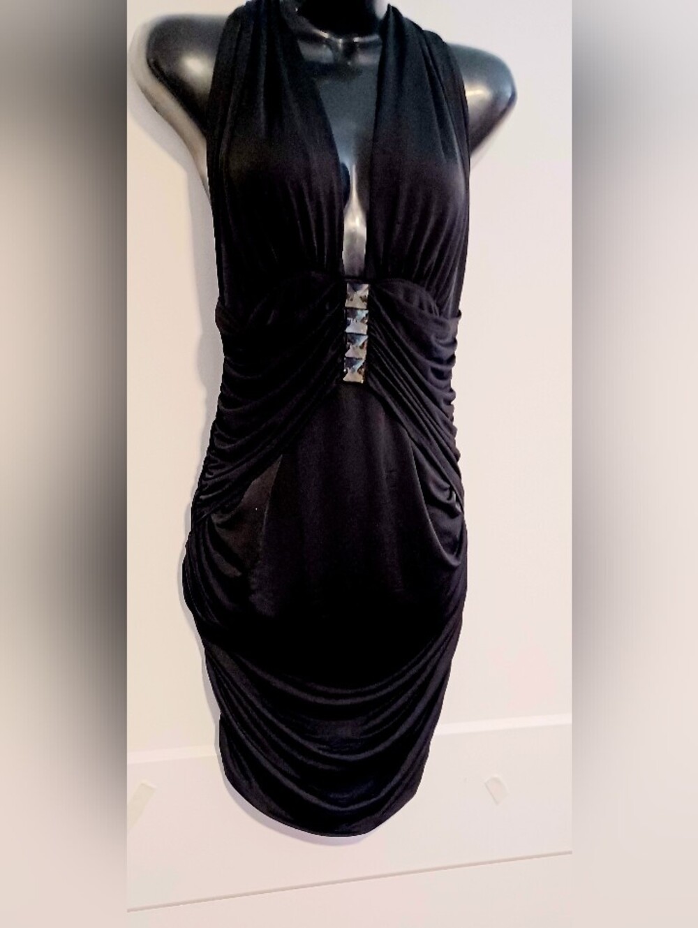 Black Ruched Evening Dress with Jewel Detail - Women